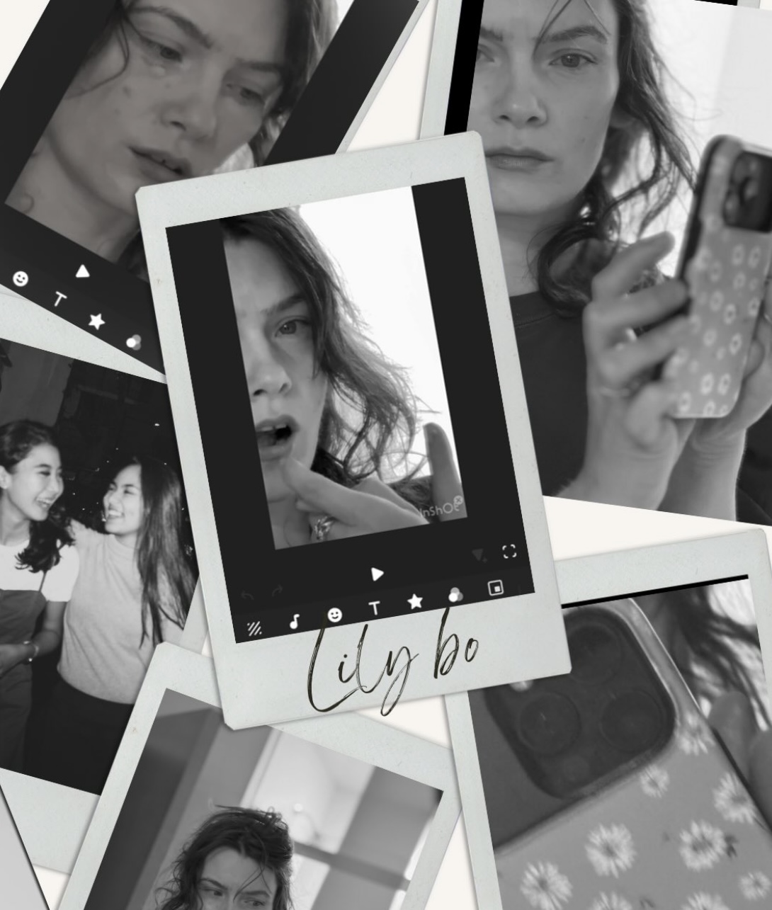 A quiet collage of Lilybo studio moments — portraits and the Lily bo mark